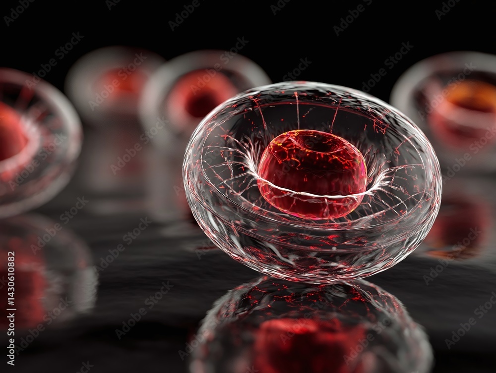 Poster abstract representation of glowing red cells on a reflective surface, showcasing cellular structure 