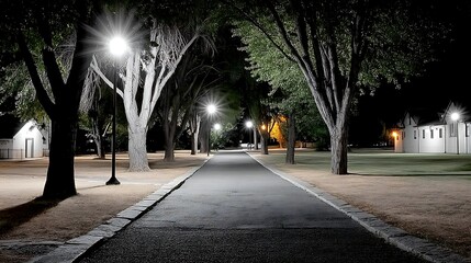 Obraz premium Serene Nighttime Pathway Tree Lined Road Illuminated Walkway Night Scene Park at Night