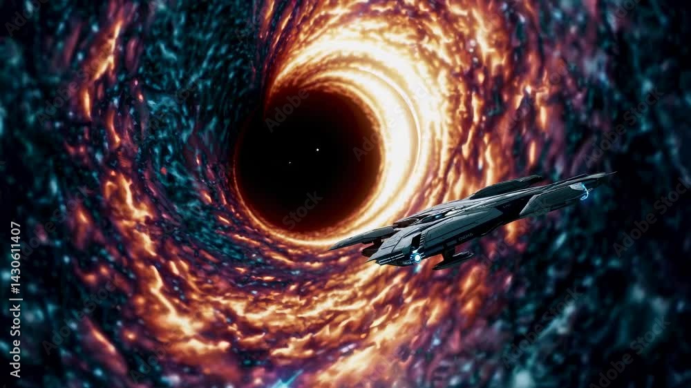 Poster luminescent orange and purple cosmic dust clouds swirling around massive black hole, spaceship navig