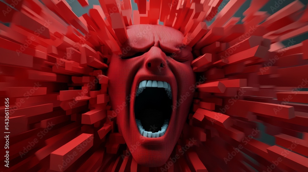 Poster intense expression of anger surrounded by dynamic red shapes in a surreal abstract composition