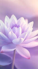 Fototapeta premium Two beautiful purple lotus flowers blooming on a soft gradient background with copy space. Realistic vector illustration with elegant flowers and leaves, perfect for design.