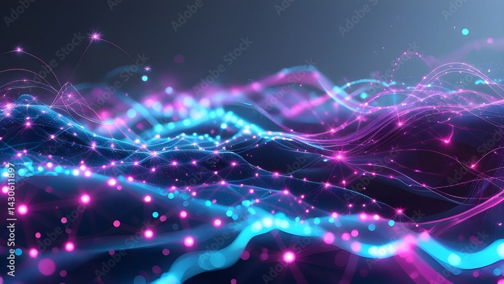 Poster abstract network waves with connected glowing dots