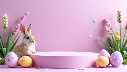 pastel purple scene features easter eggs empty podium rabbit celebration colorful decorations festive