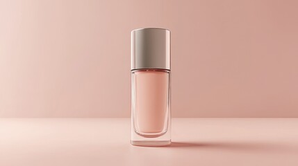 Stylish liquid foundation with smooth texture on neutral background and ample copy space for product description.A clear glass bottle filled with liquid foundation sits elegantly against a neutral