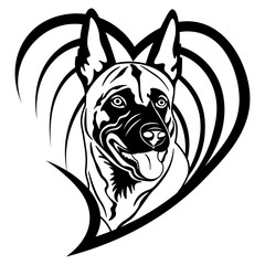 Belgian Malinois, Head in Heart, Heand Drawn Vector Illustration
