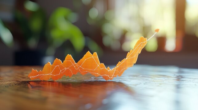 3D orange line graph symbolizing growth on a wooden table in a bright environment.