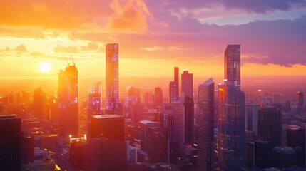 Fototapeta premium A vibrant city skyline at sunset with digital data overlays, symbolizing technology and urban development.