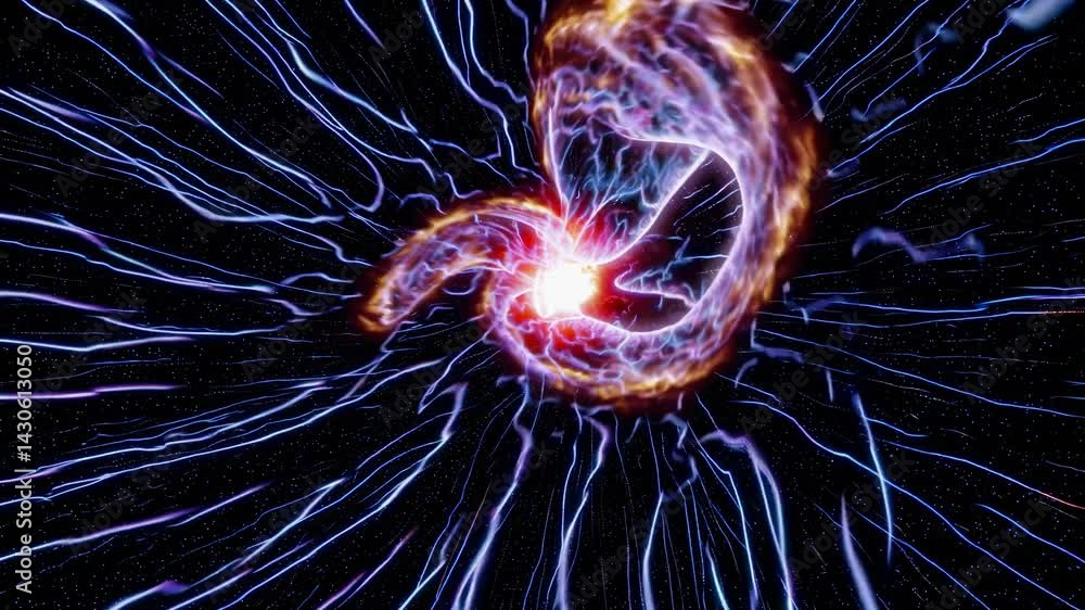 Poster pulsating plasma ball rotating dynamically, generating intricate energy patterns with luminous filam