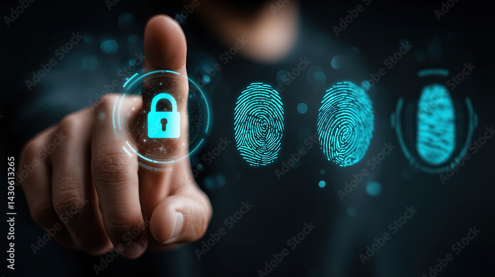 Poster hand is pointing at digital screen with glowing lock icon and fingerprint symbols