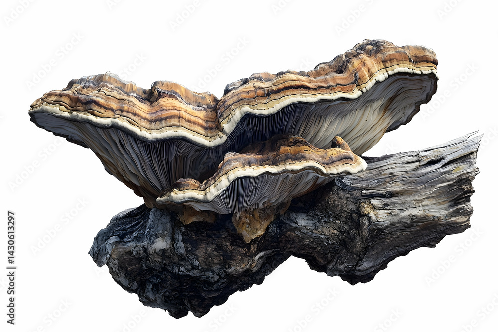 Poster a cluster of multifaceted, bracket fungi on a decaying log.