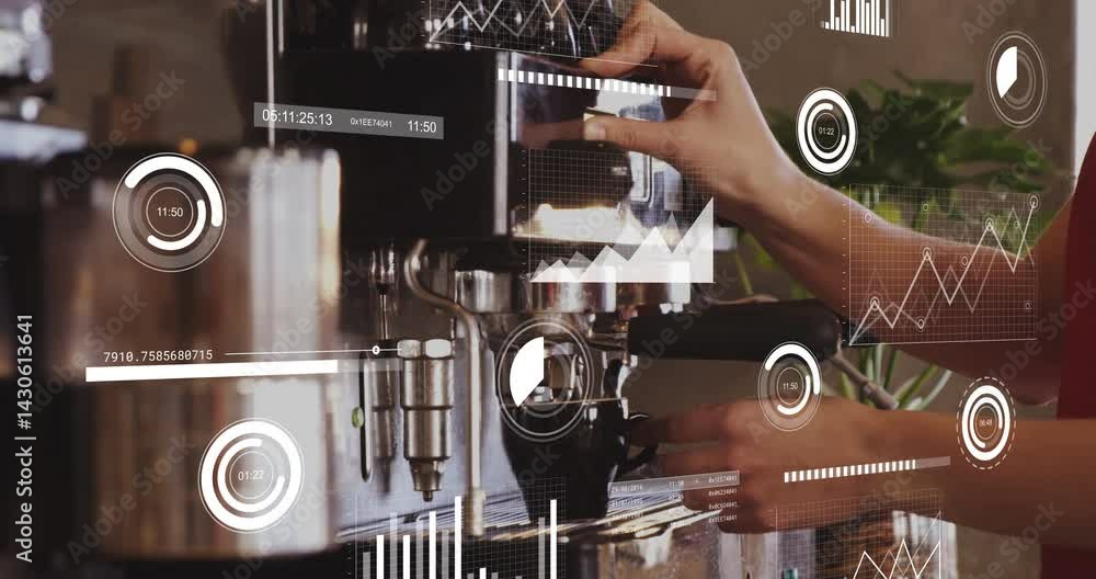 Poster espresso portafilter being visualized in scene, with floating analytics charts in flat design