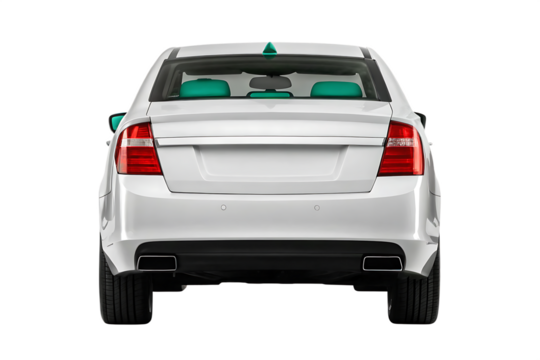 Rear view of a modern white car with a sleek design and visible taillights, perfect for automotive and transportation stock photos PNG
