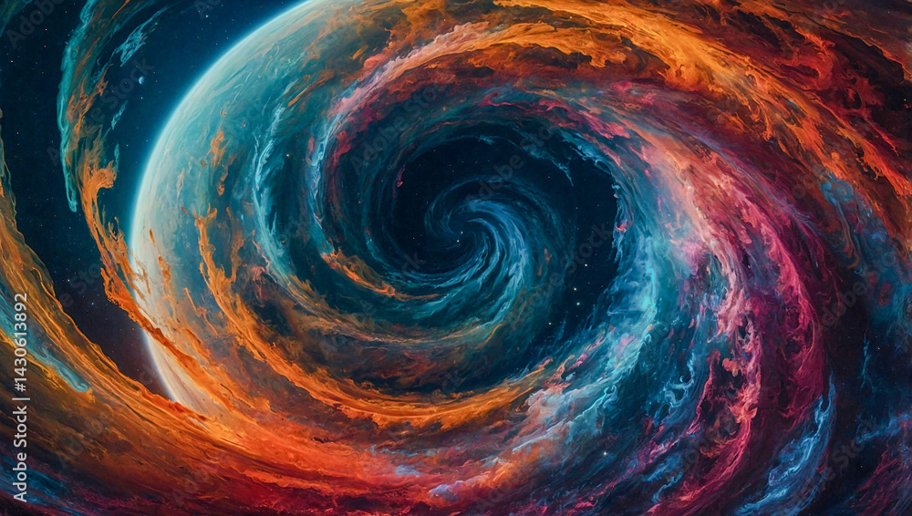 Poster colorful swirling patterns resembling a planet in space.