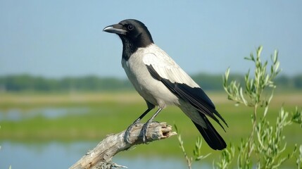 Obraz premium a perched hooded crow displaying its unique plumage against a natural backdrop of wetland greenery and a tranquil blue sky offering visual harmony