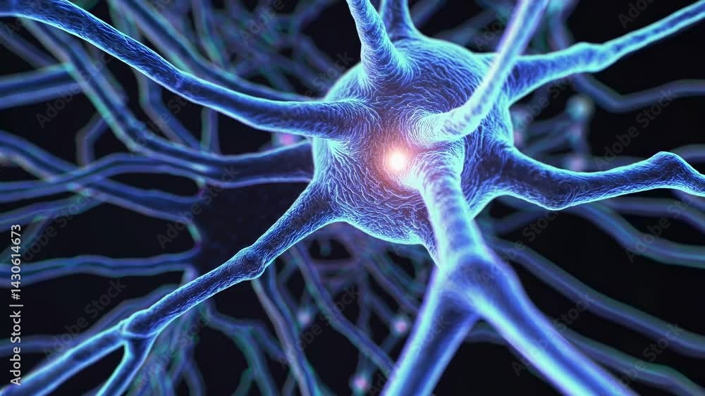 Poster complex biological structure of neuron activating and sending electrical signals through its network