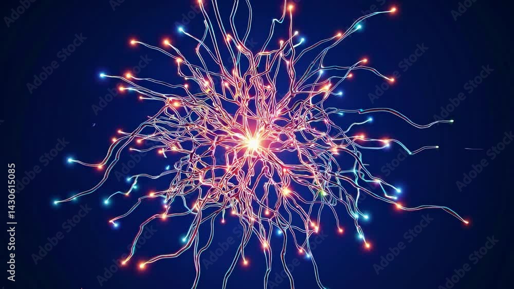 Poster neural network pulsing with glowing electrical signals, dynamically interconnecting neurons and tran