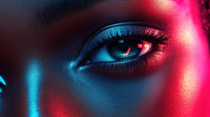 Beauty portrait fashion girl with color lighting filters. Beauty girl face close up. Closeup African. American woman with copy. space. Neon light blue and pink color. - image.