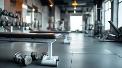 Fototapeta premium Empty gym with weight benches and dumbbells, a space for strength and focus.
