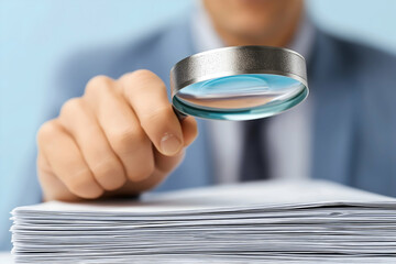 A person examining documents with a magnifying glass, highlighting attention to detail in a professional setting.