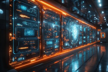 Futuristic control room, data analysis, spaceship corridor, glowing screens, tech background