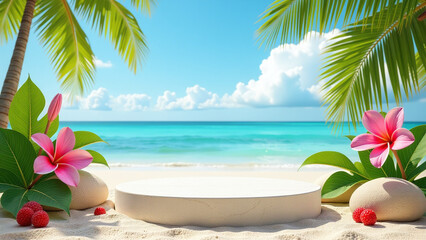 tropical stone empty podium features summer beach background flowers product presentation display