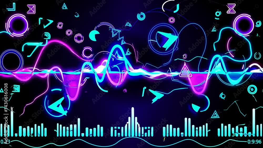 Poster pulsating pink and blue equalizer bars moving to unheard rhythm, featuring futuristic hud elements o