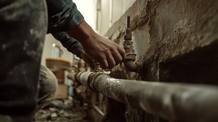 Plumber Fixing a Pipe in a Construction Site