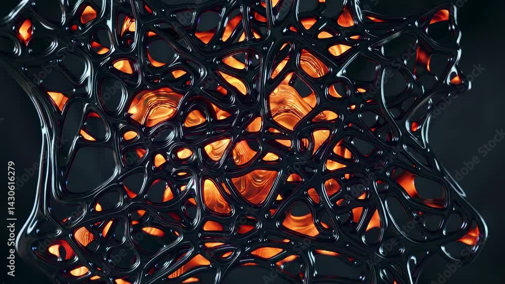 Poster organic orange fluid dynamically morphing across dark surface, revealing iridescent color transition