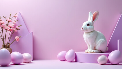 vibrant purple eggs decorate easter scene rabbit empty podium amidst geometric shapes pastel