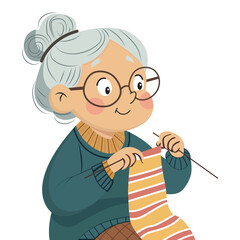 
A vector illustration of a cute grandmother with gray hair in glasses, knitting a striped scarf with needles. Theme: knitting, elderly people, coziness.