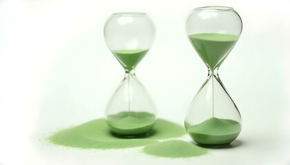 hourglasses with green sand on white background