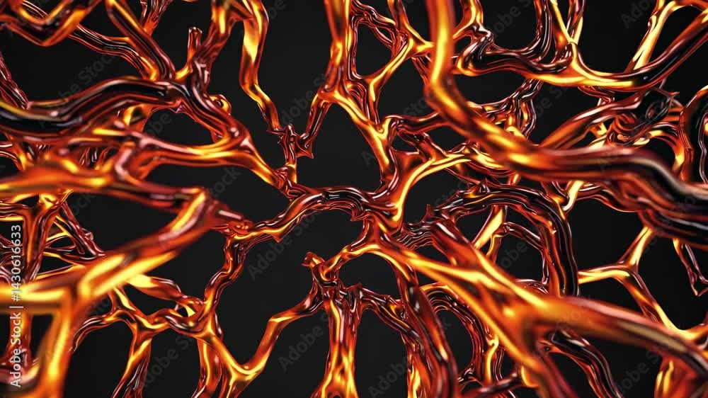 Poster organic golden and red shapes gracefully morphing across black background, creating fluid, dynamic m