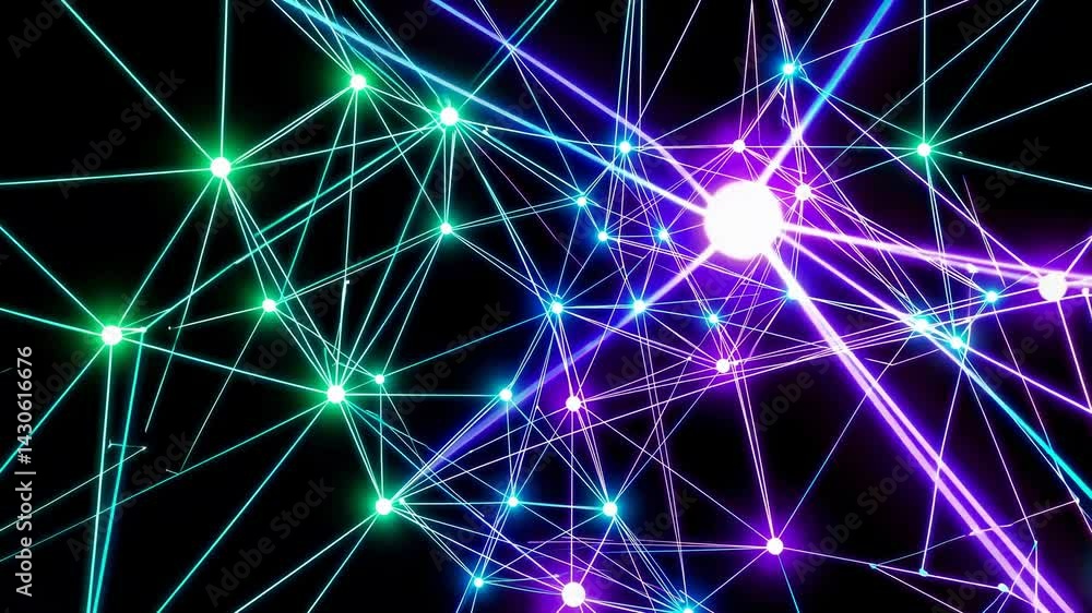 Poster colorful network growing, connecting and expanding with plexus effect on a black background, creatin