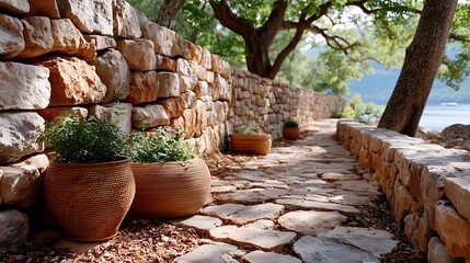 Serene Stone Pathway with Planters Mediterranean Garden Sunny Day