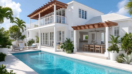 Fototapeta premium Luxurious White House with Pool Pergola and Tropical Landscaping
