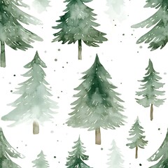 Obraz premium Watercolor Seamless Pattern of Green Evergreen Trees Winter Forest Christmas Design