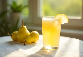 glass of pear juice on a white background