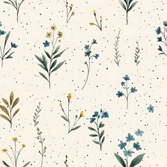 Seamless Watercolor Floral Pattern Delicate Blue and Yellow Wildflowers on Cream Background