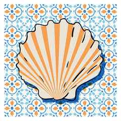 Summer vector illustration of poster or card with the image of blue Italian Mediterranean tile with shell