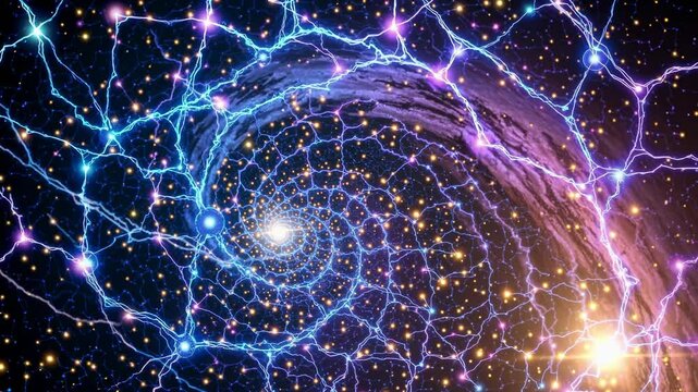 Electric discharges illuminating swirling galaxy filled with vibrant stars, generating mesmerizing cosmic visualization through dynamic energy and celestial light patterns