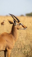 Fototapeta premium A profile view of an alert gazelle with curved horns standing in a sun drenched savanna, surrounded by flying insects against a blurred golden grassland background