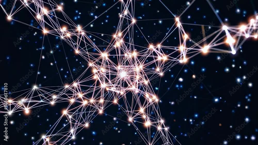 Poster interconnected digital nodes expanding and forming intricate network, glowing luminously against sta