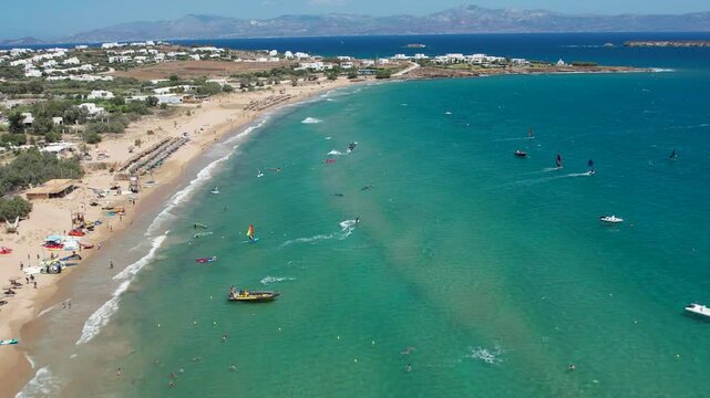 Aerial views from over Golden Beach on the Greek Island of Paros. One of the most famous Kite Surfing and Wind Surfing locations in the world.