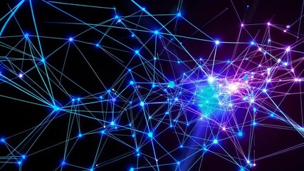 Glowing plexus network expands and connects with light pulses, creating a dynamic visualization of data flow and technological advancement on a black background