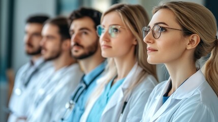 Fototapeta premium dedicated medical professionals standing side by side showcasing unity and expertise in a modern healthcare setting with focus on teamwork