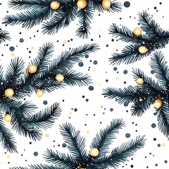 Festive Christmas Watercolor Design Elegant Dark Green Pine Branches with Gold Ornaments and Glitter