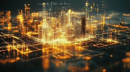 Fototapeta premium Futuristic cityscape with glowing golden elements and digital interface.