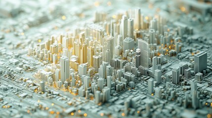 Aerial view of a futuristic city skyline with illuminated buildings and intricate designs.