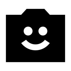 Black square with a triangular top and a white smiley face consisting of two dots and a curved line