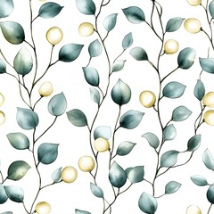 Seamless Watercolor Botanical Pattern Teal Leaves and Yellow Berries Elegant Floral Design Nature